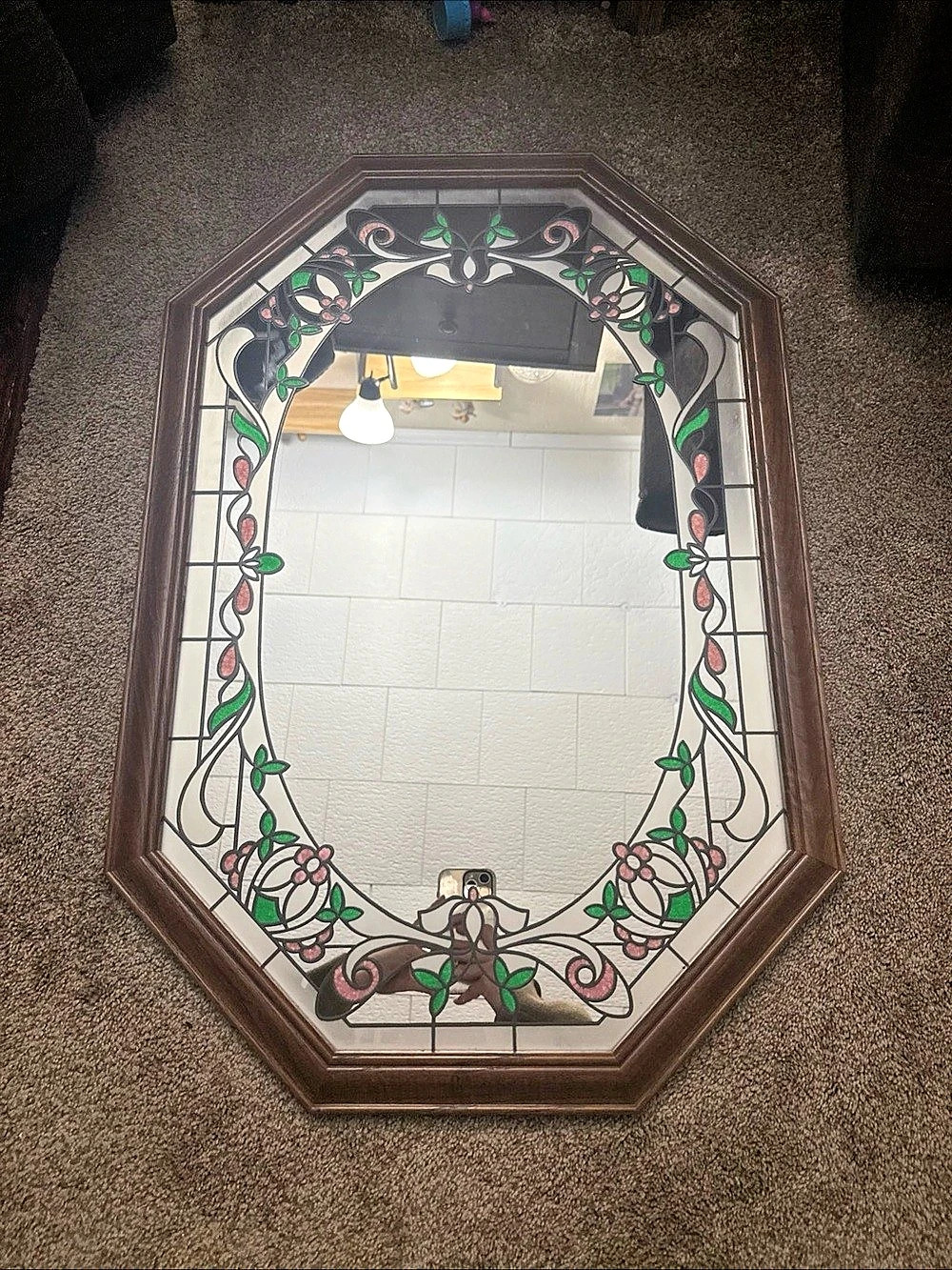 Octagonal Floral Stained Glass Mirror in Brown & Green